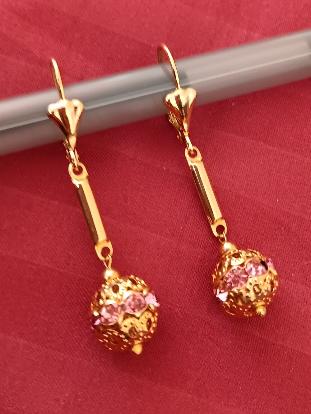 Gold Pink Crystal Drop Earrings - Women Jewelry